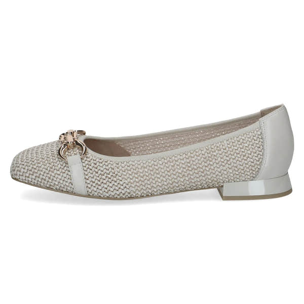Off-white slip-on women's shoe with textured textile and leather, pointed toe, small heel, and decorative metal detail.