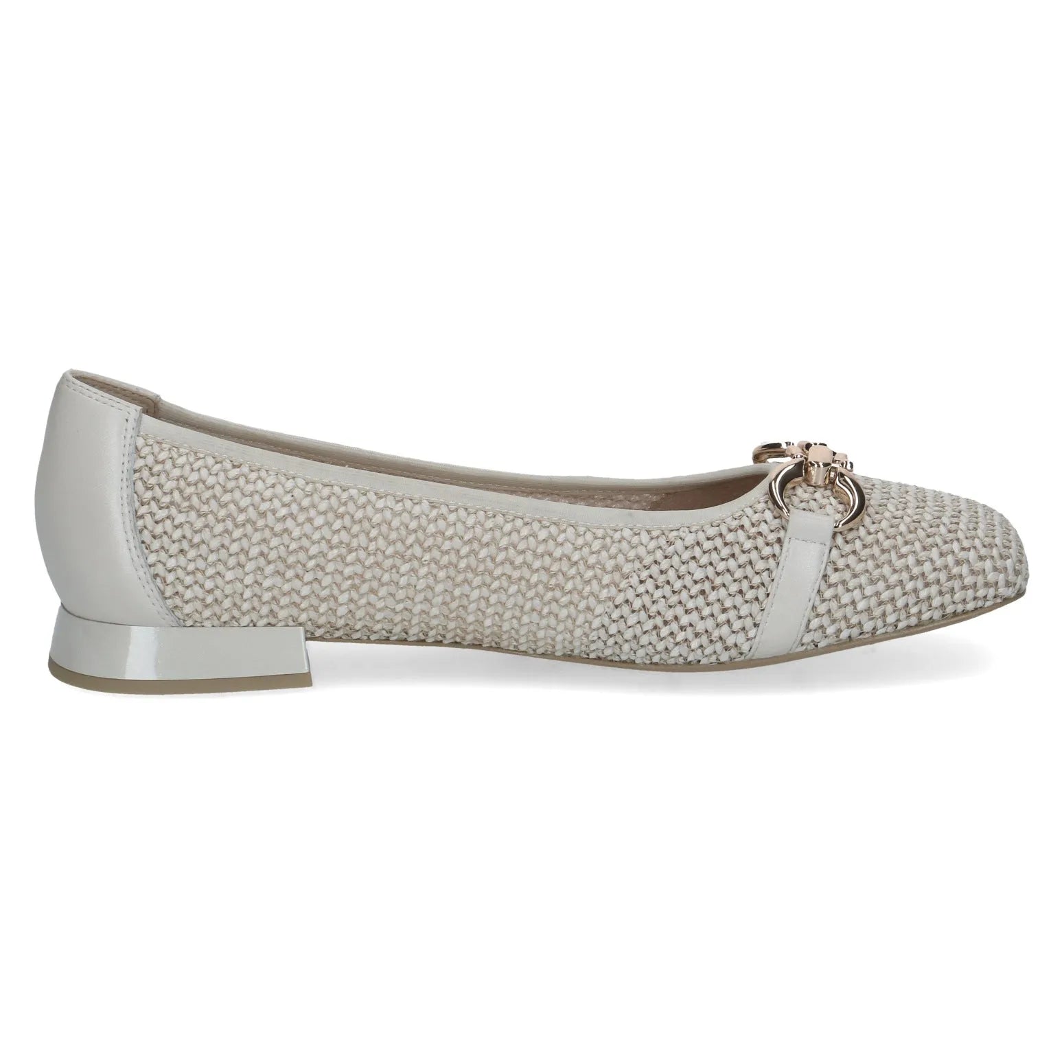 Ladies off-white slip-on shoes with leather and textile upper, rounded toe, and small block heel.