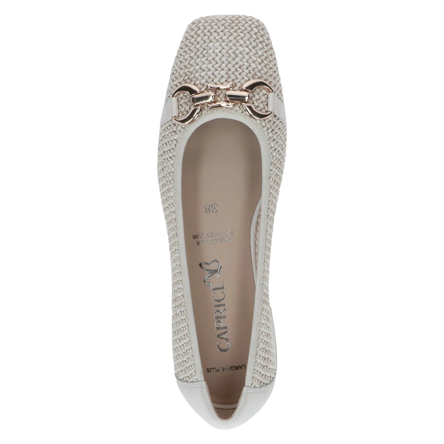 Off-white slip-on shoe with leather and textile upper, decorative metallic chain detail, and cushioned insole.