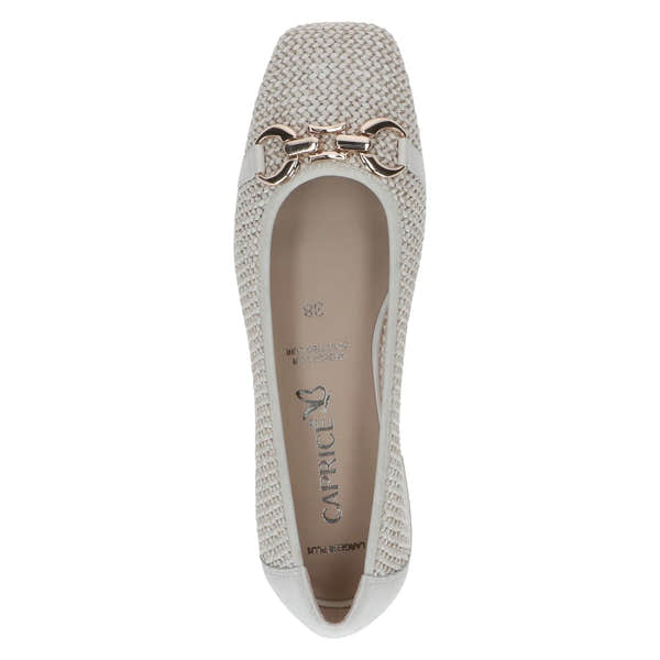 Off-white slip-on shoe with leather and textile upper, decorative metallic chain detail, and cushioned insole.