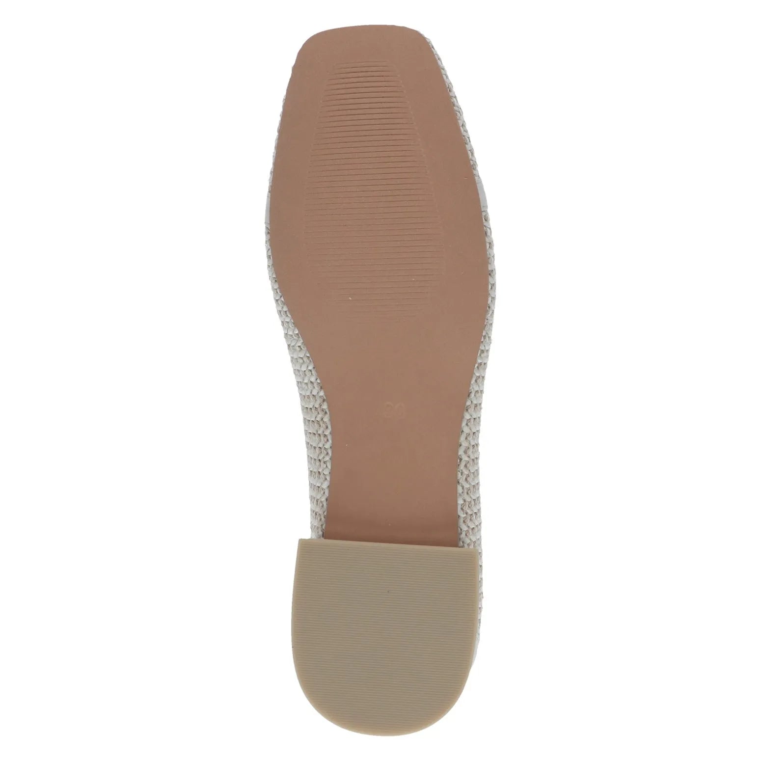 Ladies off-white slip-on shoes with leather and textile upper, rubber sole, rounded toe, and stacked heel.