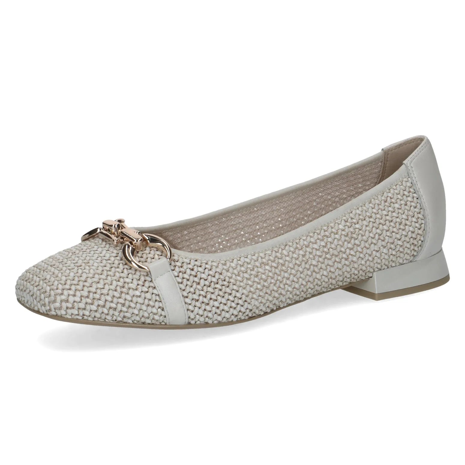 Ladies off-white slip-on shoes with woven textile, leather accents, and a decorative chain detail.