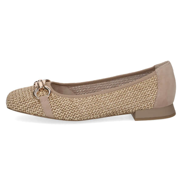 Ladies brown slip-on shoes with woven textile and leather accents, pointed toe, decorative metallic buckle, and low heel.
