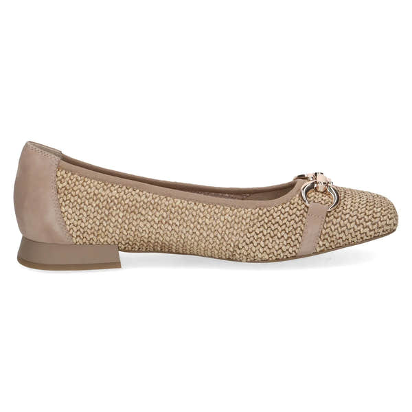 Ladies brown slip-on shoes with woven textile front, leather accents, and metal decorative ring detail.