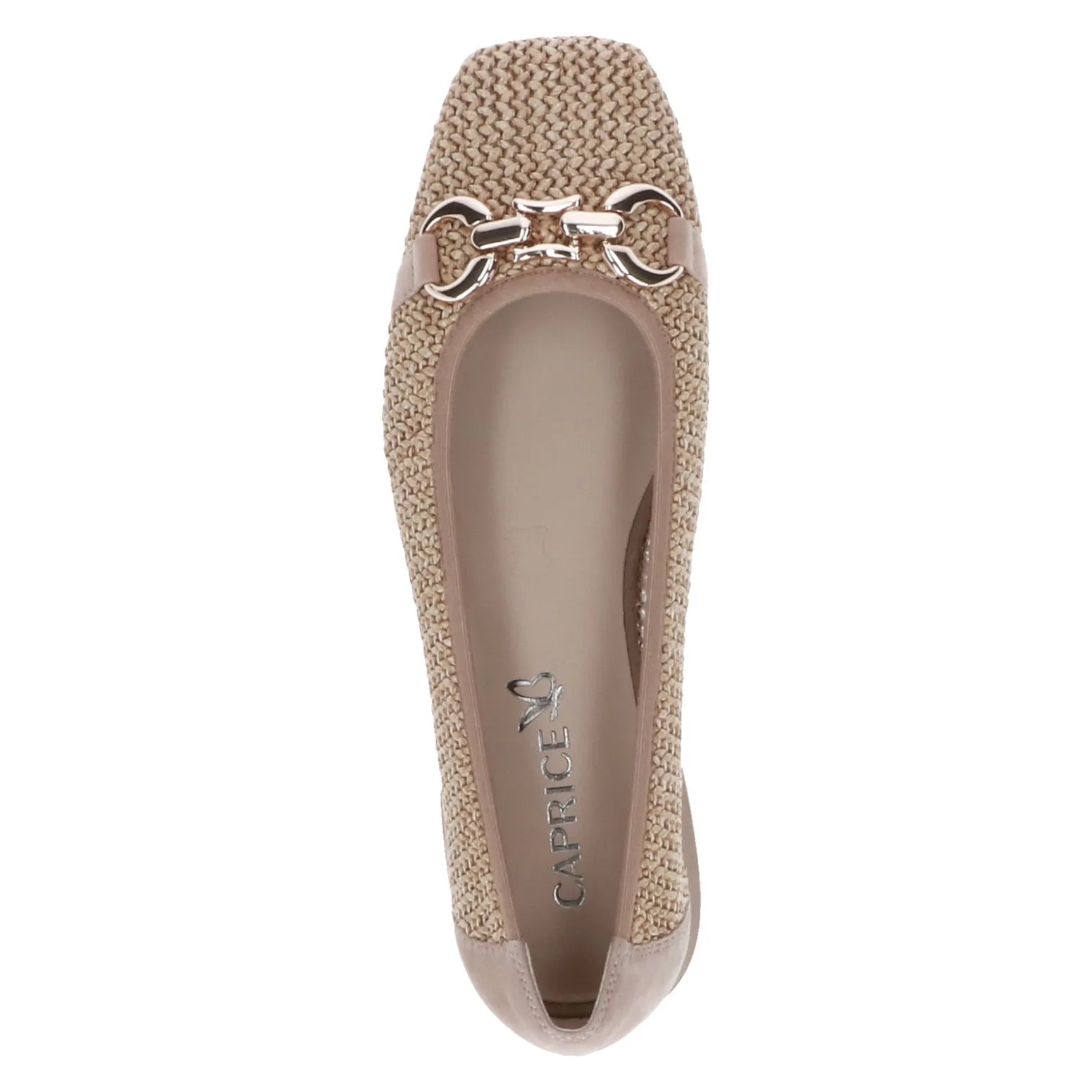 Ladies brown leather and textile slip-on shoes with decorative metallic chain detail on the vamp.