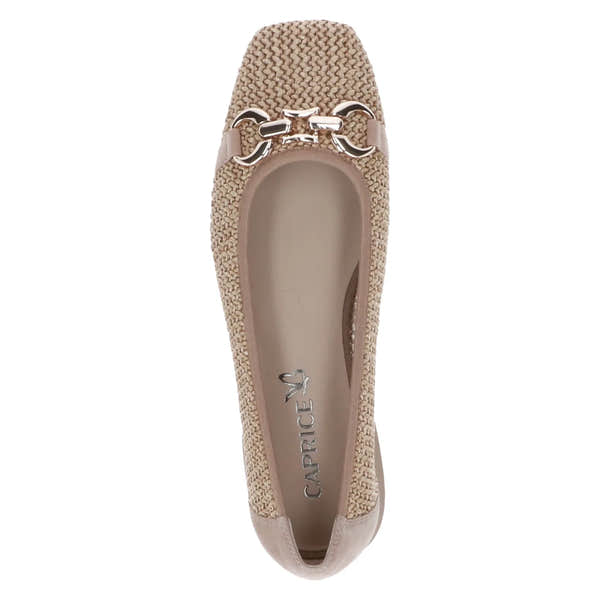 Ladies brown leather and textile slip-on shoes with decorative metallic chain detail on the vamp.