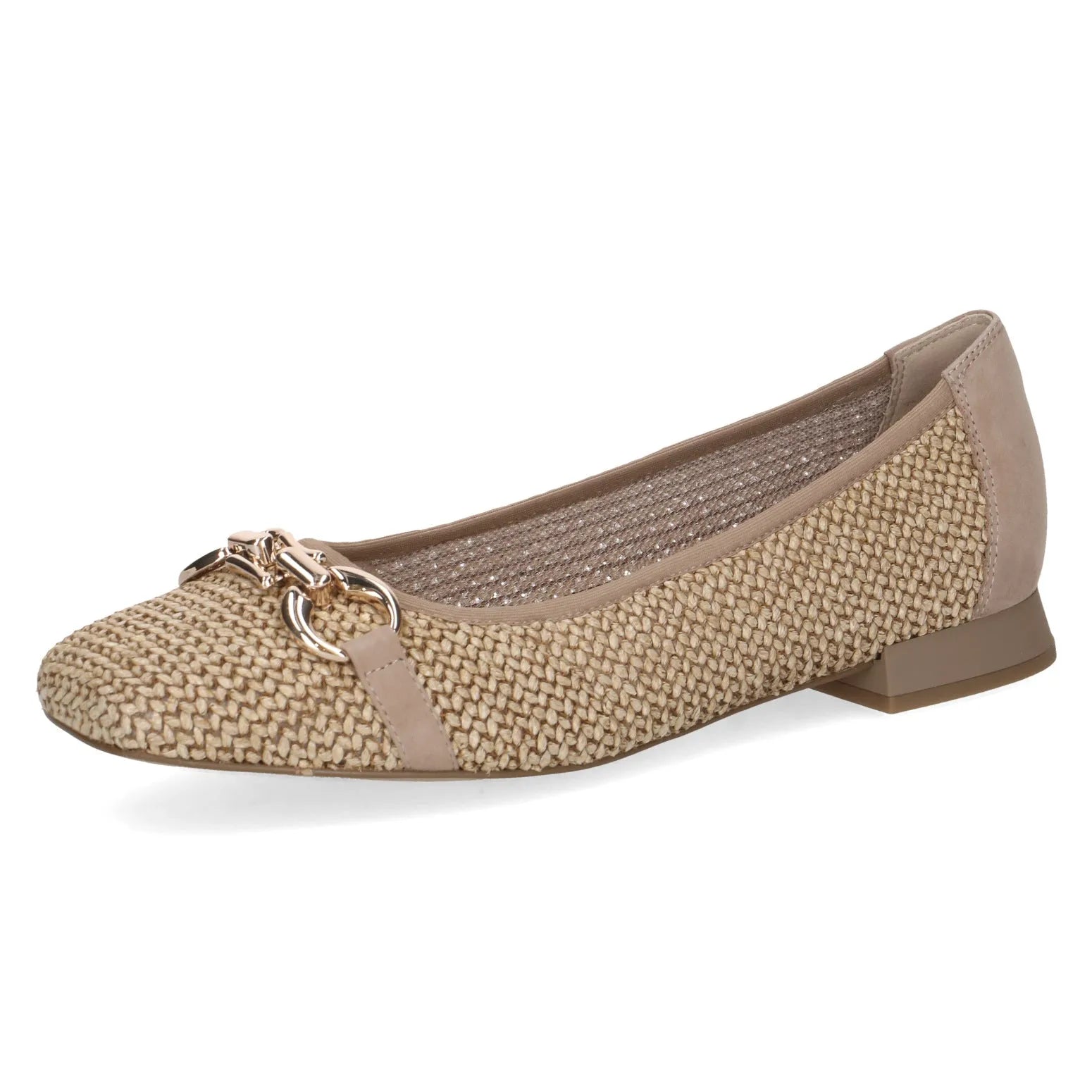 Ladies brown slip-on shoe with woven textile, leather accents, and gold chain detail on the toe.