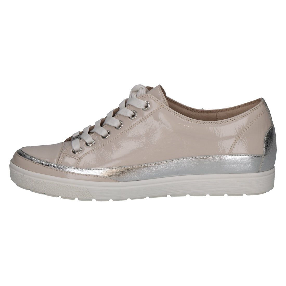 Caprice 9-23654-42 130 Ladies Snow Combination Leather Lace-Up Trainers with metallic accents and white rubber sole.