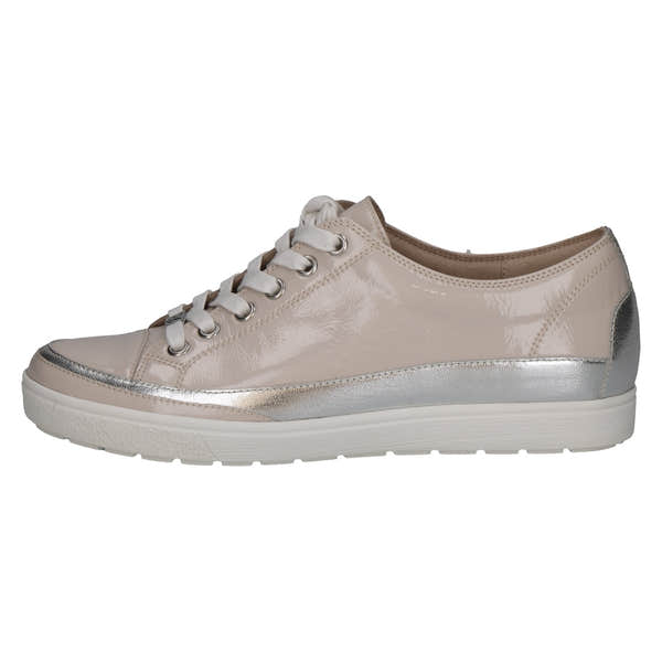 Caprice 9-23654-42 130 Ladies Snow Combination Leather Lace-Up Trainers with metallic accents and white rubber sole.