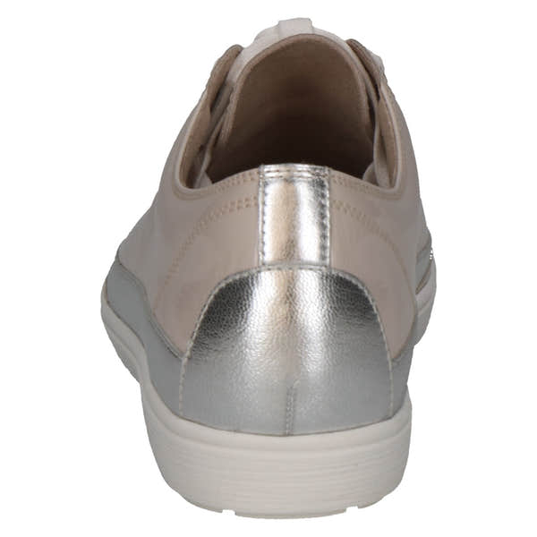Caprice 9-23654-42 130 Manou Ladies Leather Snow Combination Lace-Up Trainers, beige and metallic silver, casual sneaker design.