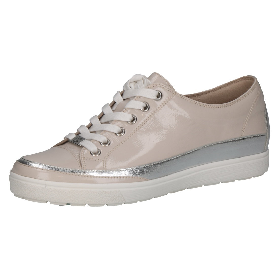 Caprice women's lace-up sneakers with beige patent leather, silver accents, and white rubber sole.