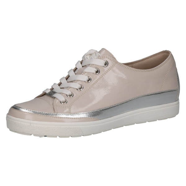 Caprice women's lace-up sneakers with beige patent leather, silver accents, and white rubber sole.
