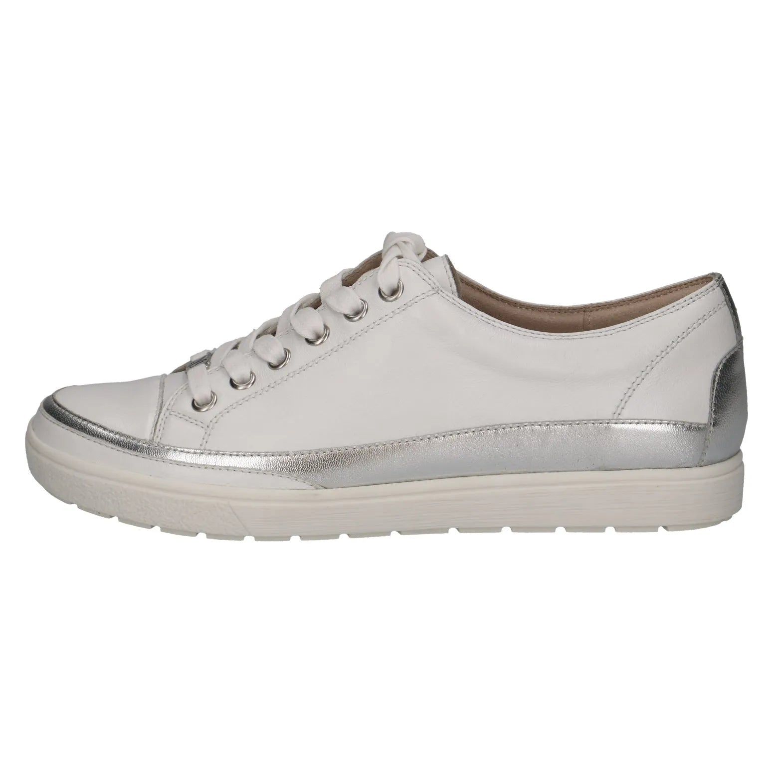 White leather lace-up trainer for women with silver accents, cushioned sole, and stylish design.