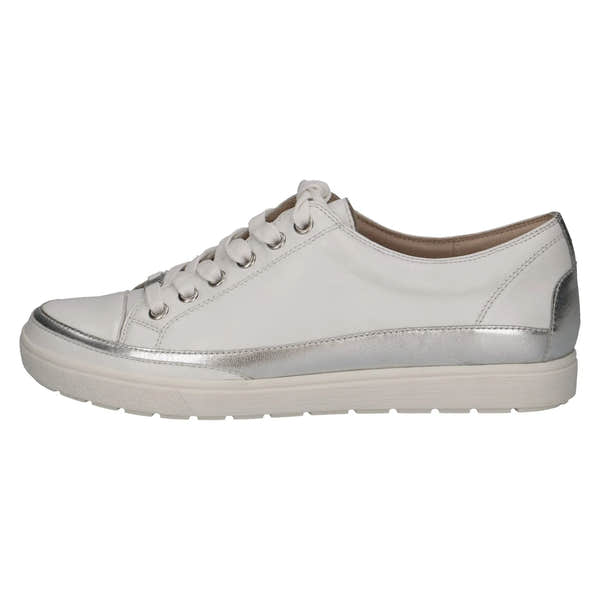 White leather lace-up trainer for women with silver accents, cushioned sole, and stylish design.