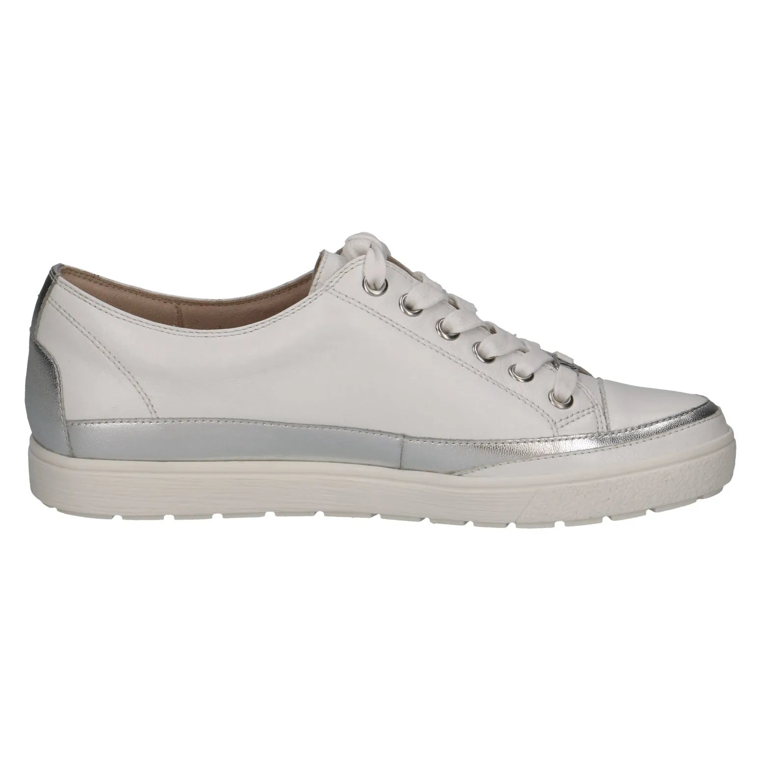 White leather lace-up trainers for women with silver accents, low-profile sole, and stylish casual design.