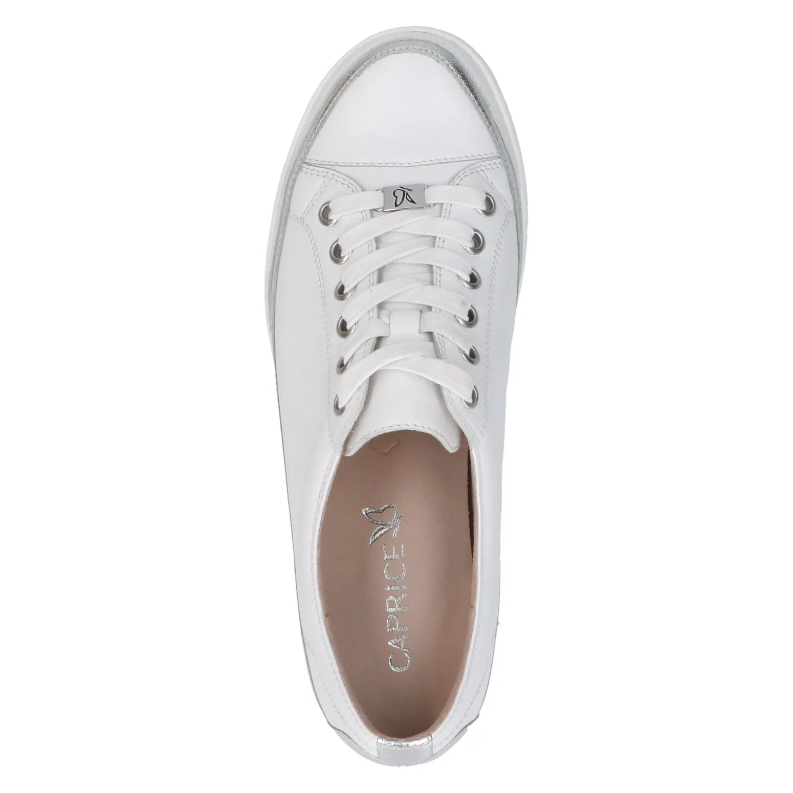 White leather lace-up trainers for women with silver eyelets and a beige interior, stylish and comfortable for everyday wear.