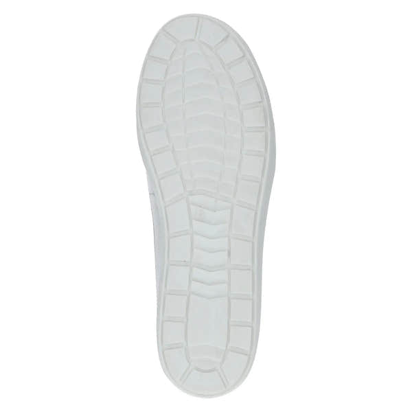 White leather lace-up trainers for women with sole traction pattern, stylish and comfortable athletic footwear.