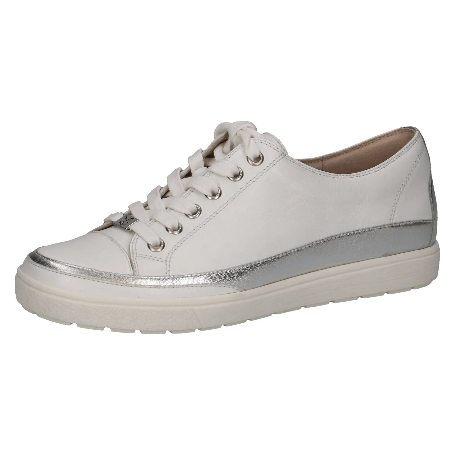 Caprice 9-23654-42 133 Women's White Leather Lace-Up Trainers with Silver Detailing and Casual Style