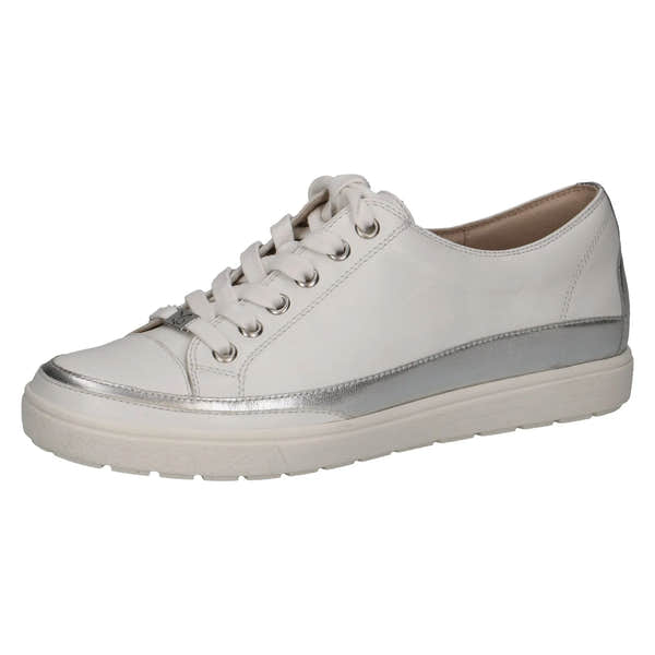 Caprice 9-23654-42 133 Women's White Leather Lace-Up Trainers with Silver Detailing and Casual Style