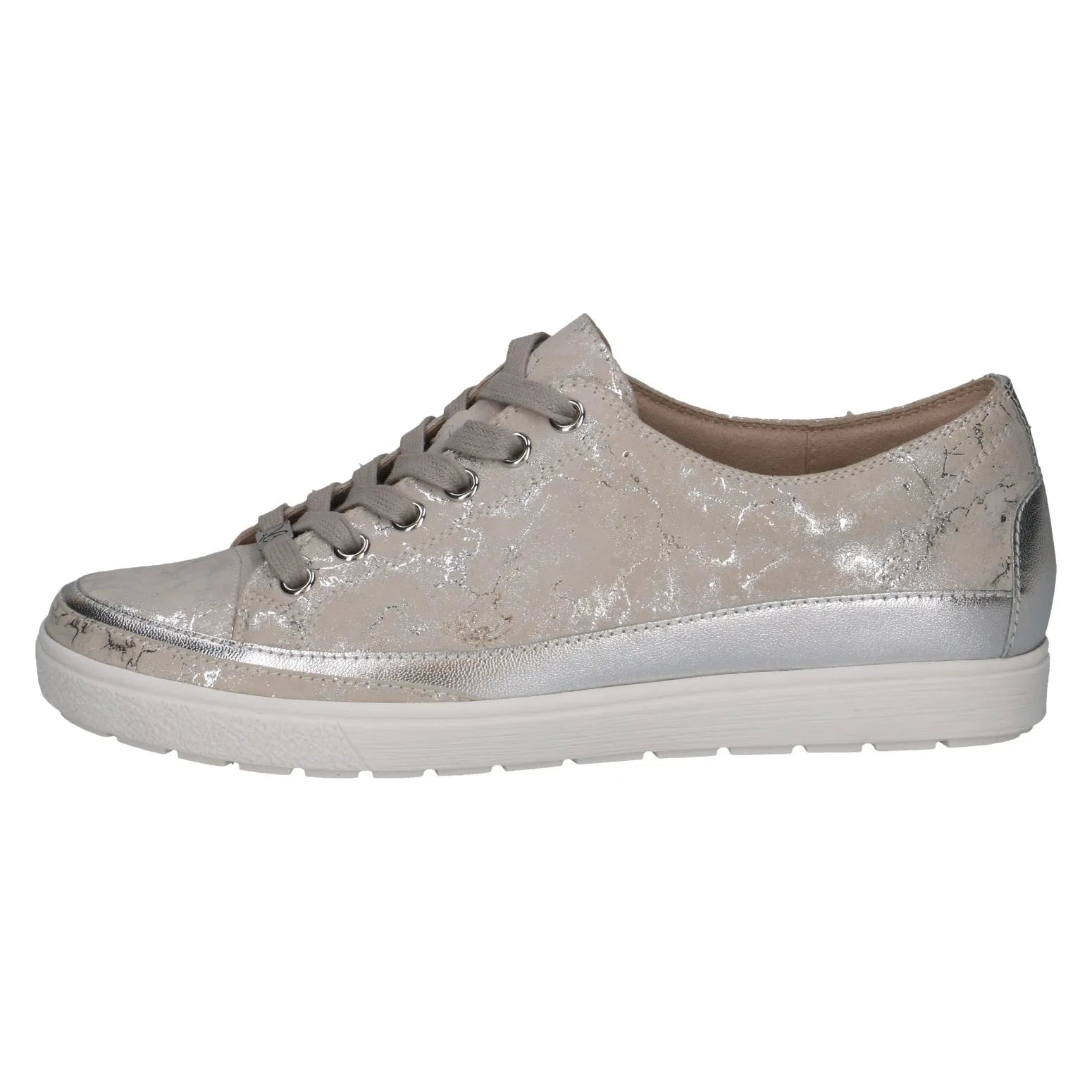 Ladies off-white silver leather lace-up sneakers with a textured, crackled finish and a white rubber sole.