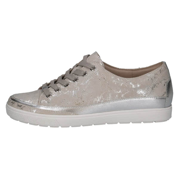 Ladies off-white silver leather lace-up sneakers with a textured, crackled finish and a white rubber sole.