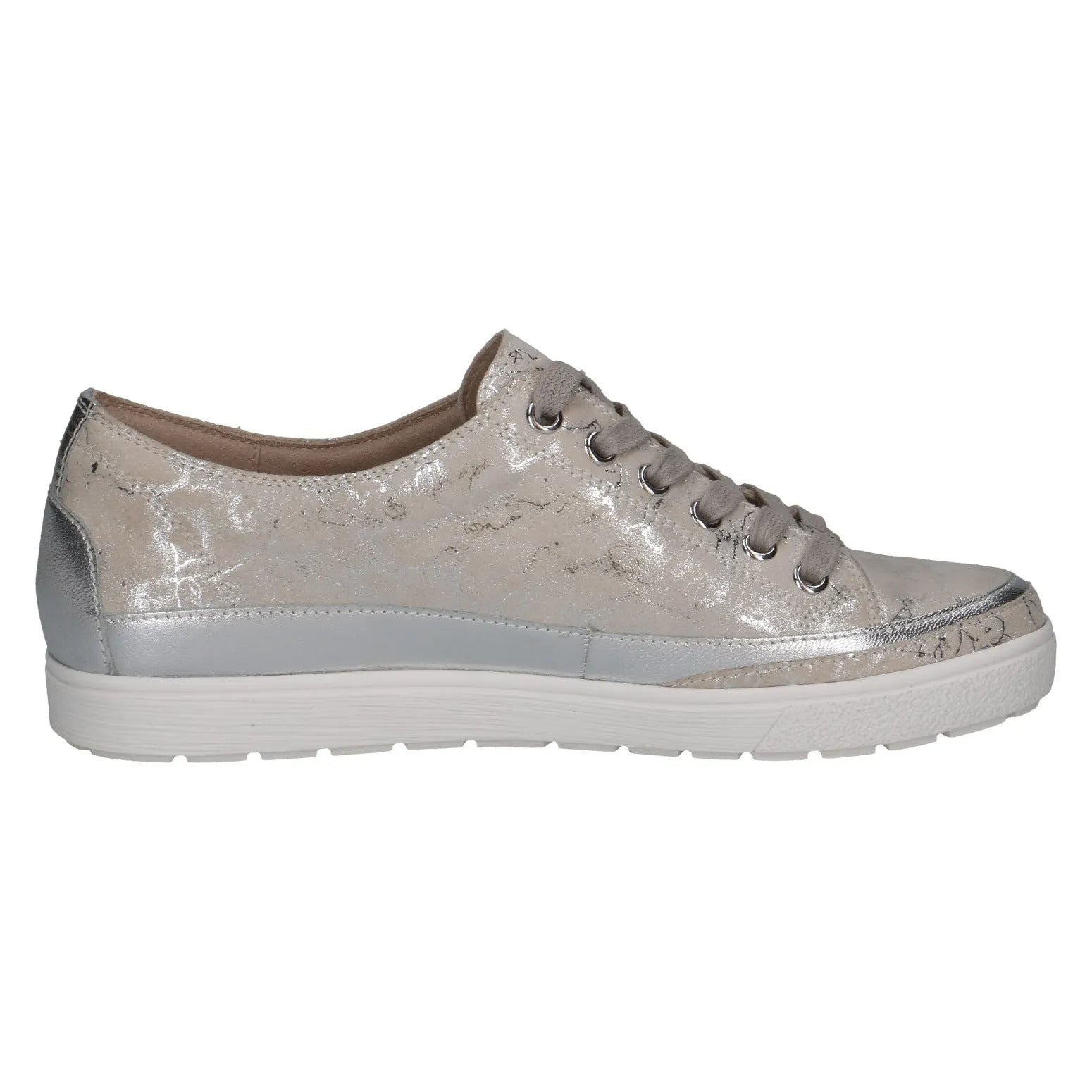 Ladies off-white silver leather lace-up shoes with a low-top style and textured, shiny finish.
