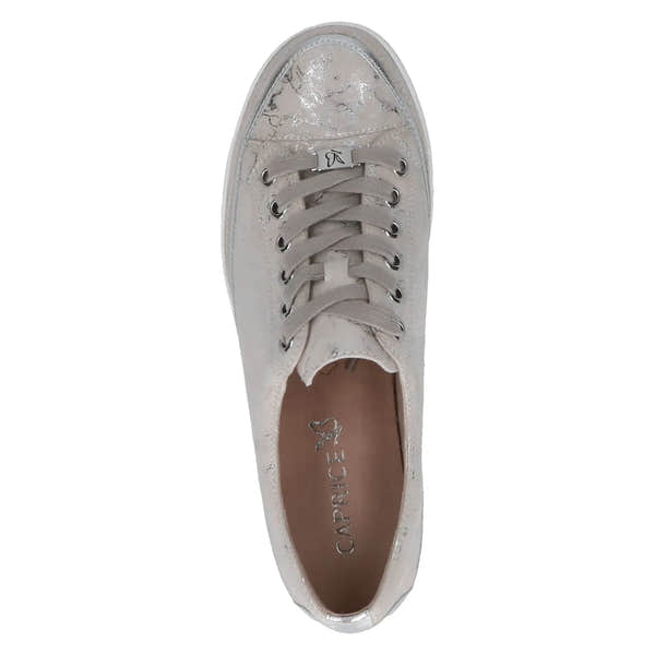 Off-white silver leather lace-up women's shoes with a textured, shiny finish and metal eyelets.