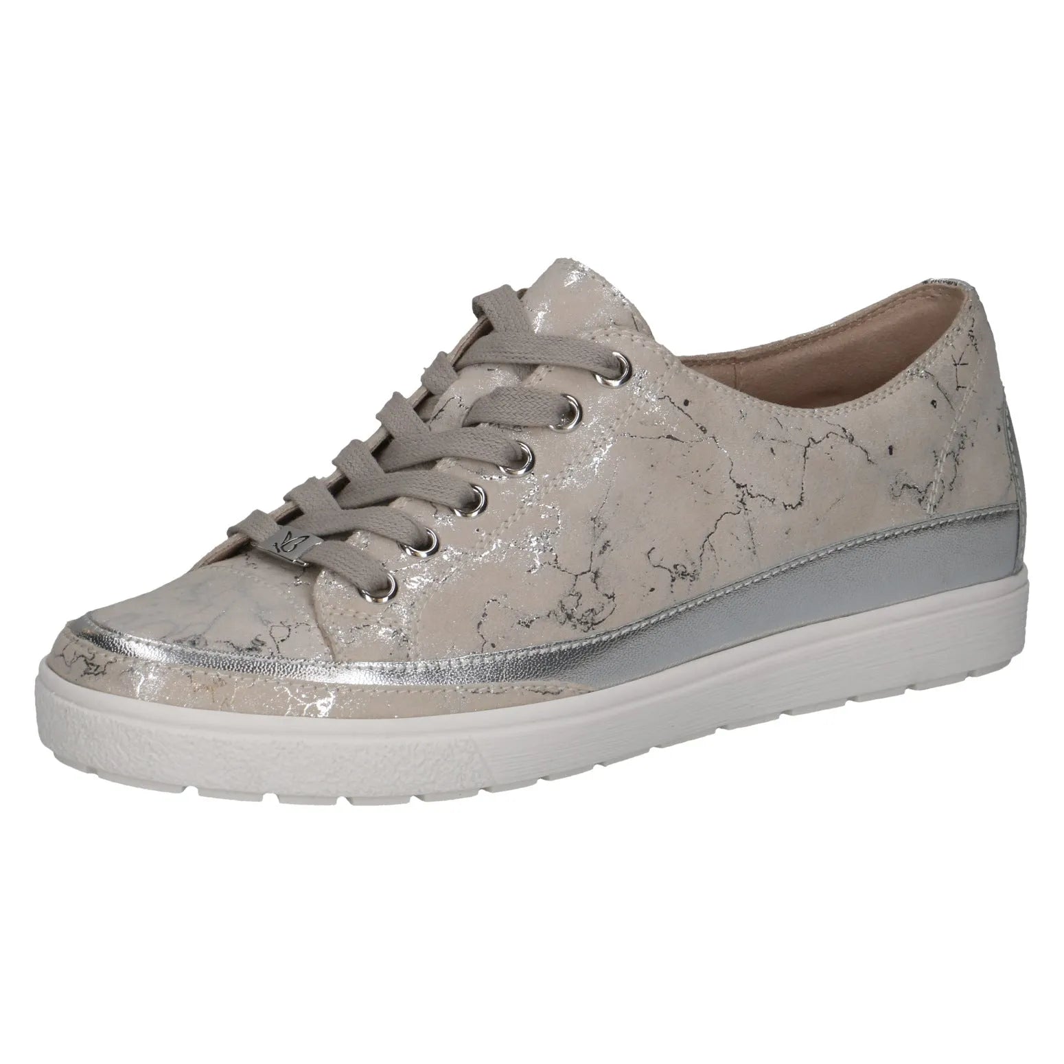 Ladies off white and silver leather lace-up shoes with a marble pattern, silver accents, and a white rubber sole.