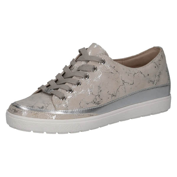 Ladies off white and silver leather lace-up shoes with a marble pattern, silver accents, and a white rubber sole.