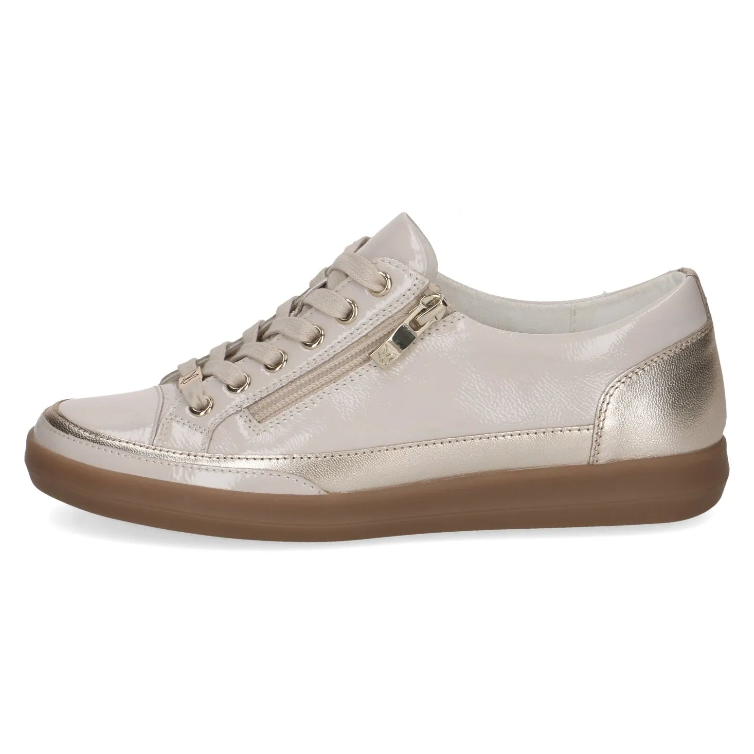 Ladies cream and gold leather lace-up shoe with zipper detail and rubber sole.