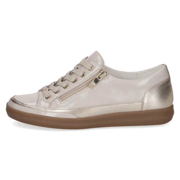 Ladies cream and gold leather lace-up shoe with zipper detail and rubber sole.