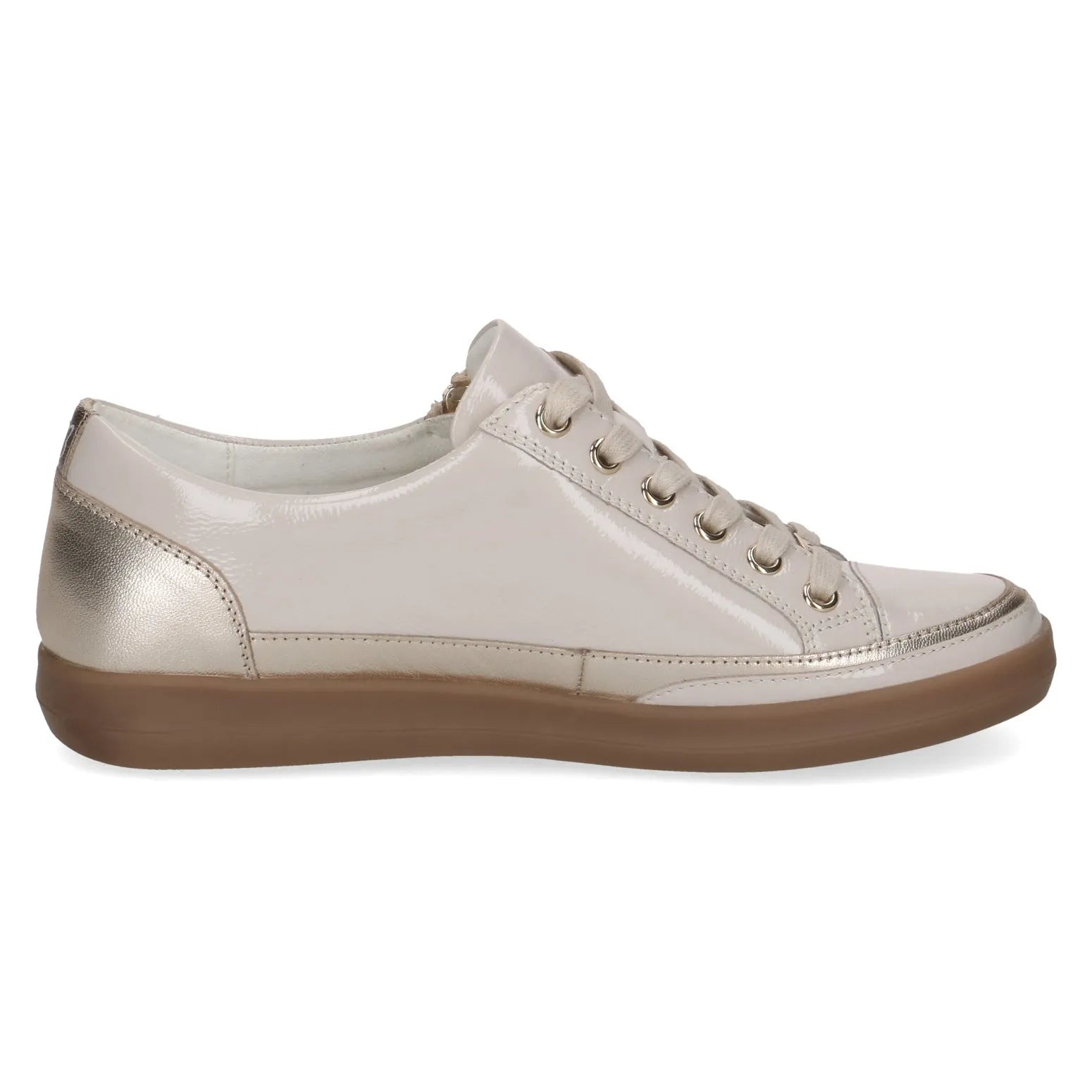 Ladies cream and gold leather lace-up sneaker with zip detail, low profile, and brown rubber sole.