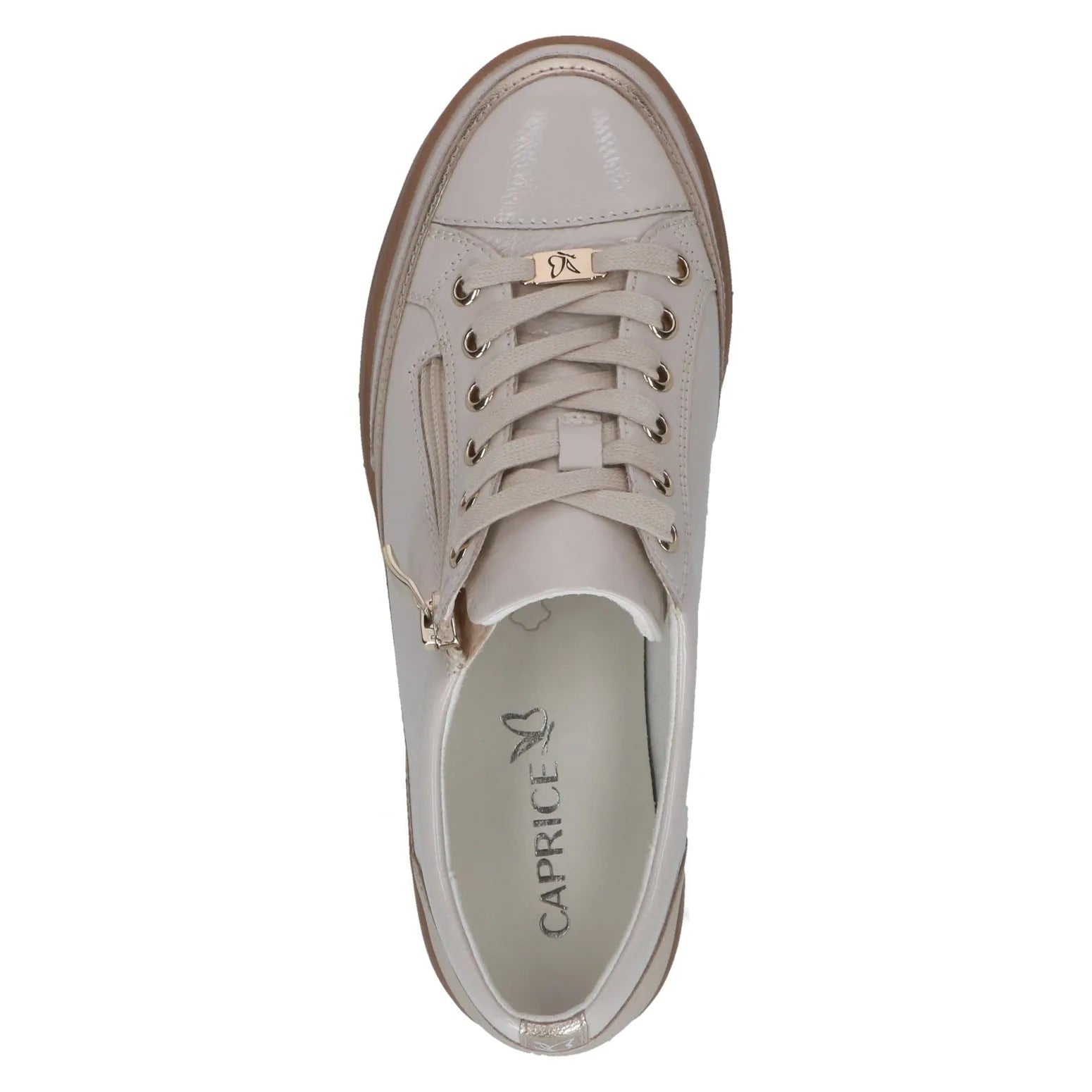 Ladies Cream/Gold Leather Lace & Zip Shoes with flat sole, gold accents, and lace-up design.