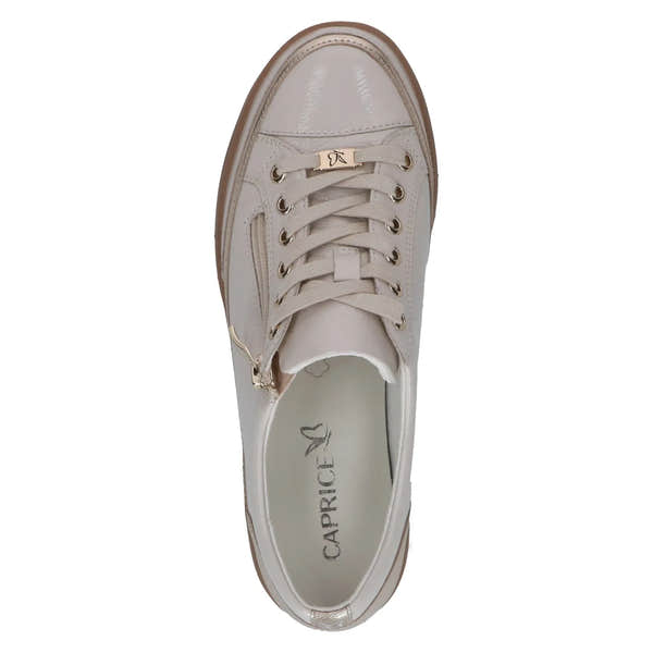 Ladies Cream/Gold Leather Lace & Zip Shoes with flat sole, gold accents, and lace-up design.