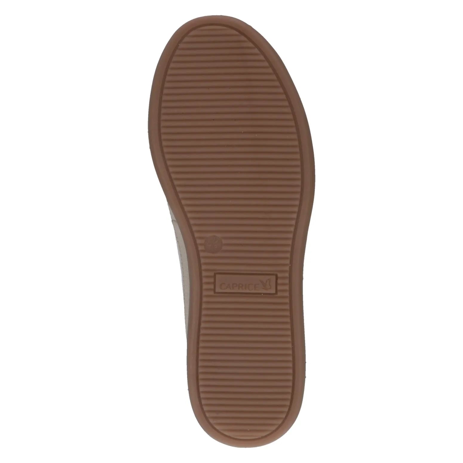 Ladies cream and gold leather zip and lace shoes with a textured brown rubber sole featuring the Caprice logo.