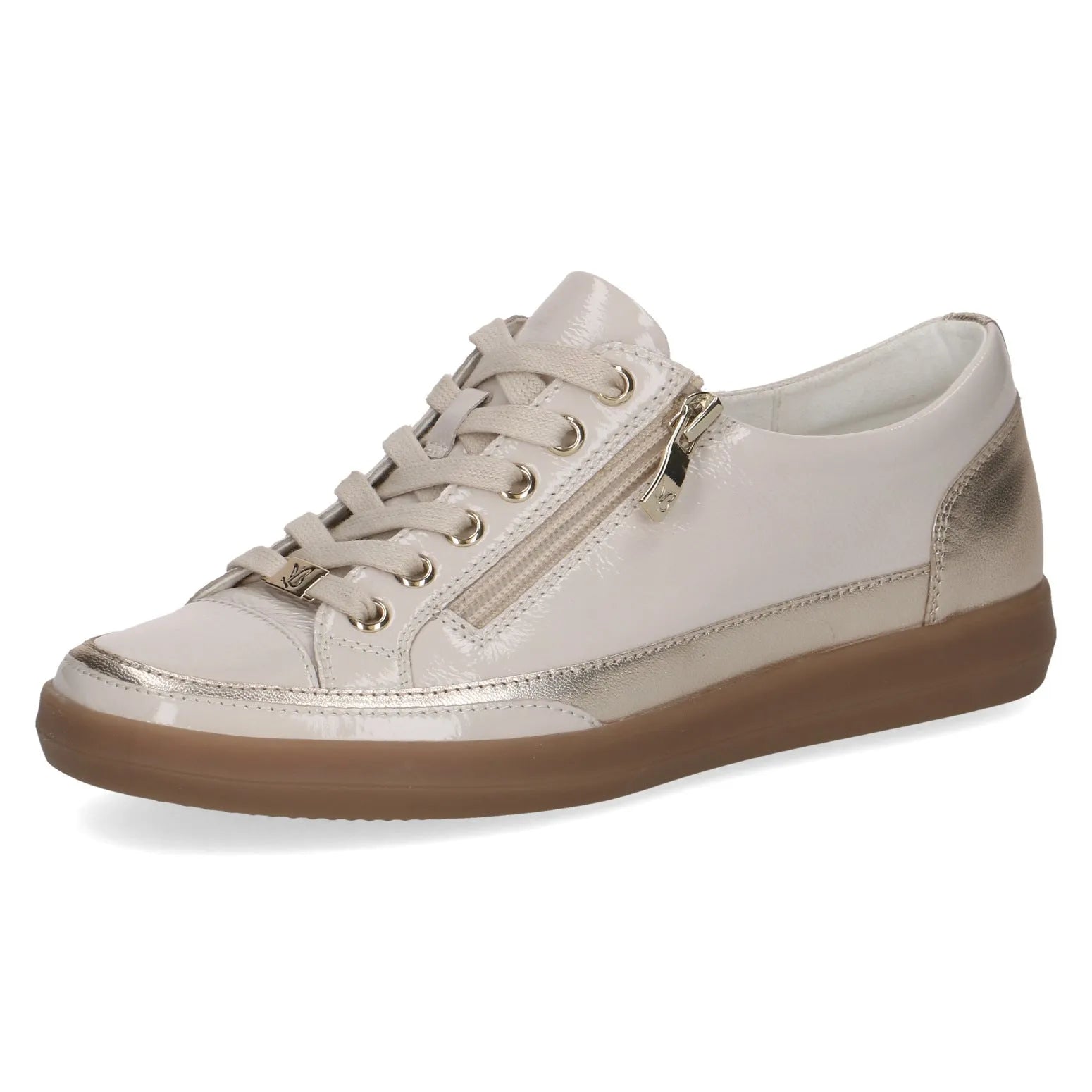 Ladies cream and gold leather sneakers with lace-up front, side zipper, and brown sole.