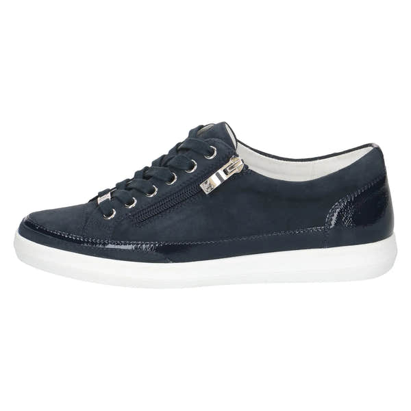 Caprice Ladies Ocean Navy Leather Lace-Up Trainer with side zipper and white sole.