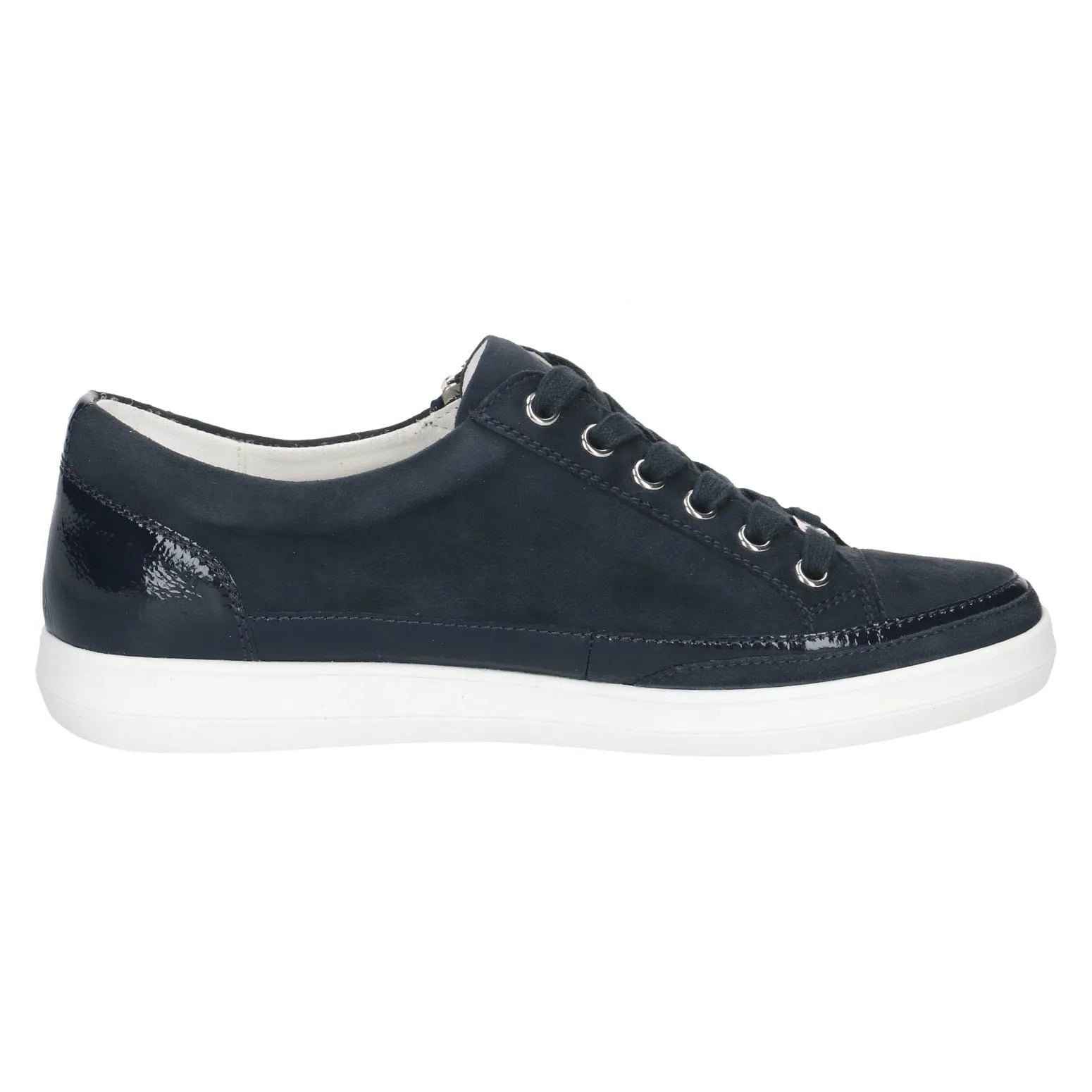 Caprice Ladies Ocean Blue Leather Lace-Up Trainers with white sole and glossy accents.