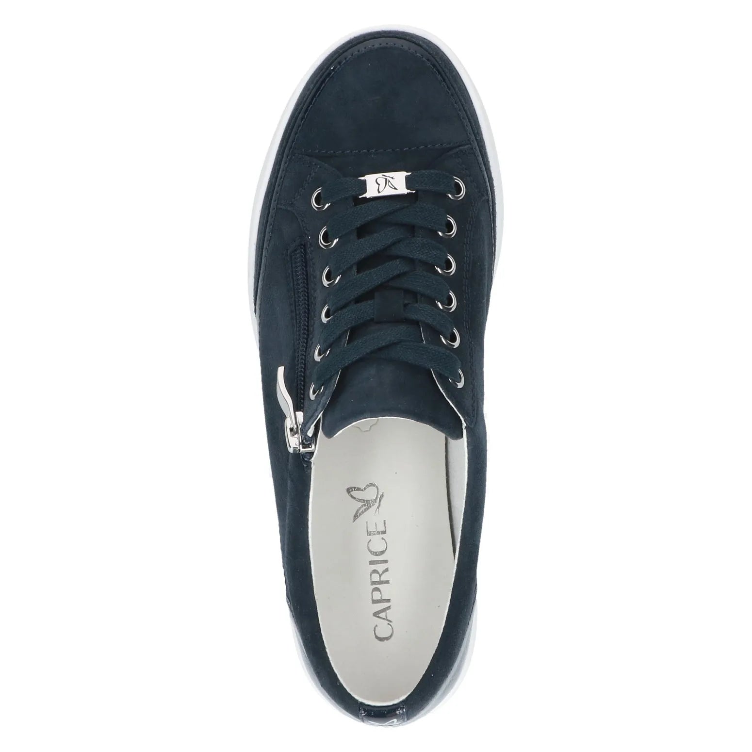 Caprice 9-23706-44 880 women’s navy ocean combo leather lace-up sneakers with side zipper and white sole.