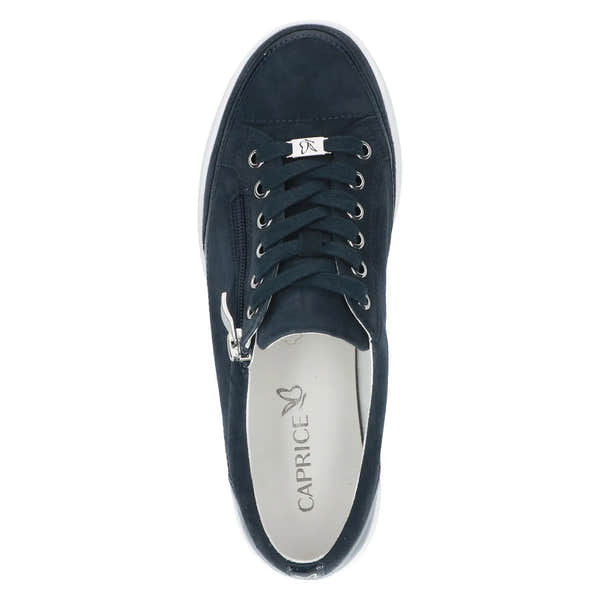 Caprice 9-23706-44 880 women’s navy ocean combo leather lace-up sneakers with side zipper and white sole.