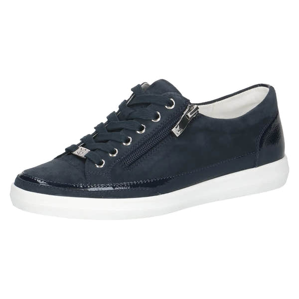 Caprice Ladies Ocean Blue Leather Lace-Up Trainers with Side Zipper and White Sole, Stylish Casual Footwear.