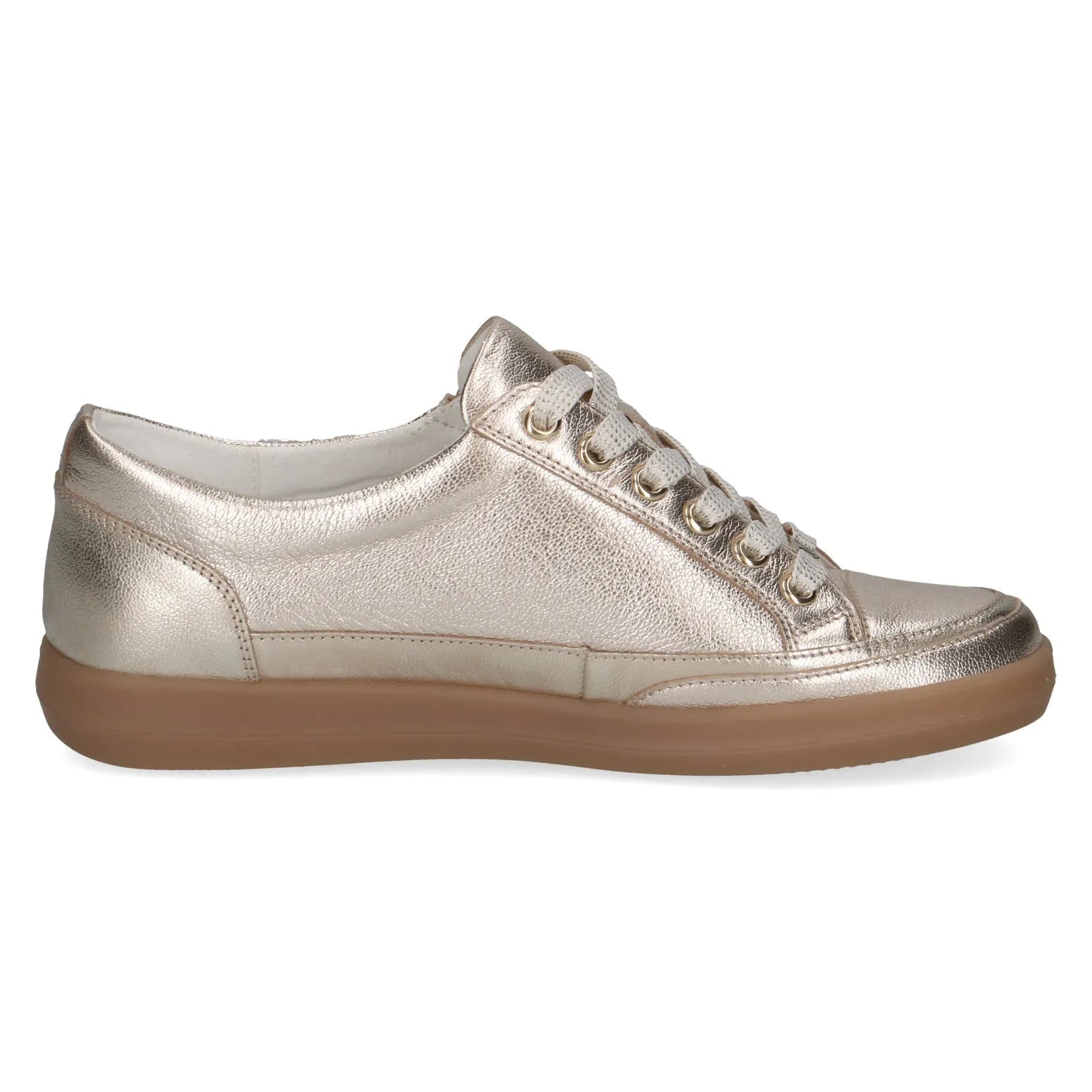 Ladies metallic platinum leather lace-up sneakers with zip and lace closure, cushioned sole.