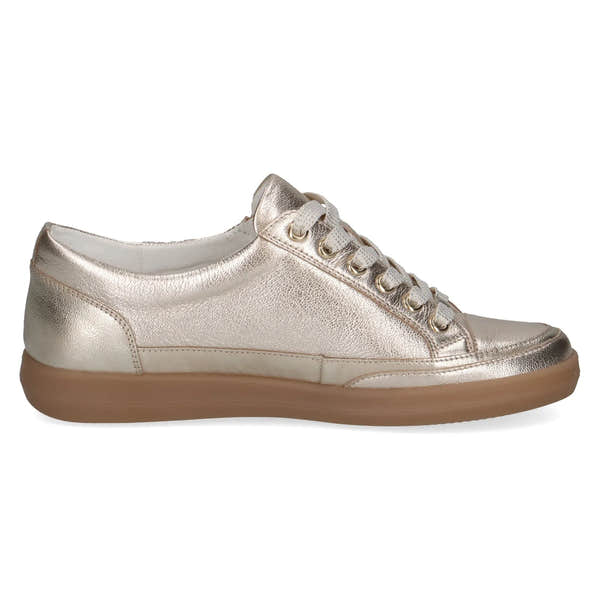Ladies metallic platinum leather lace-up sneakers with zip and lace closure, cushioned sole.