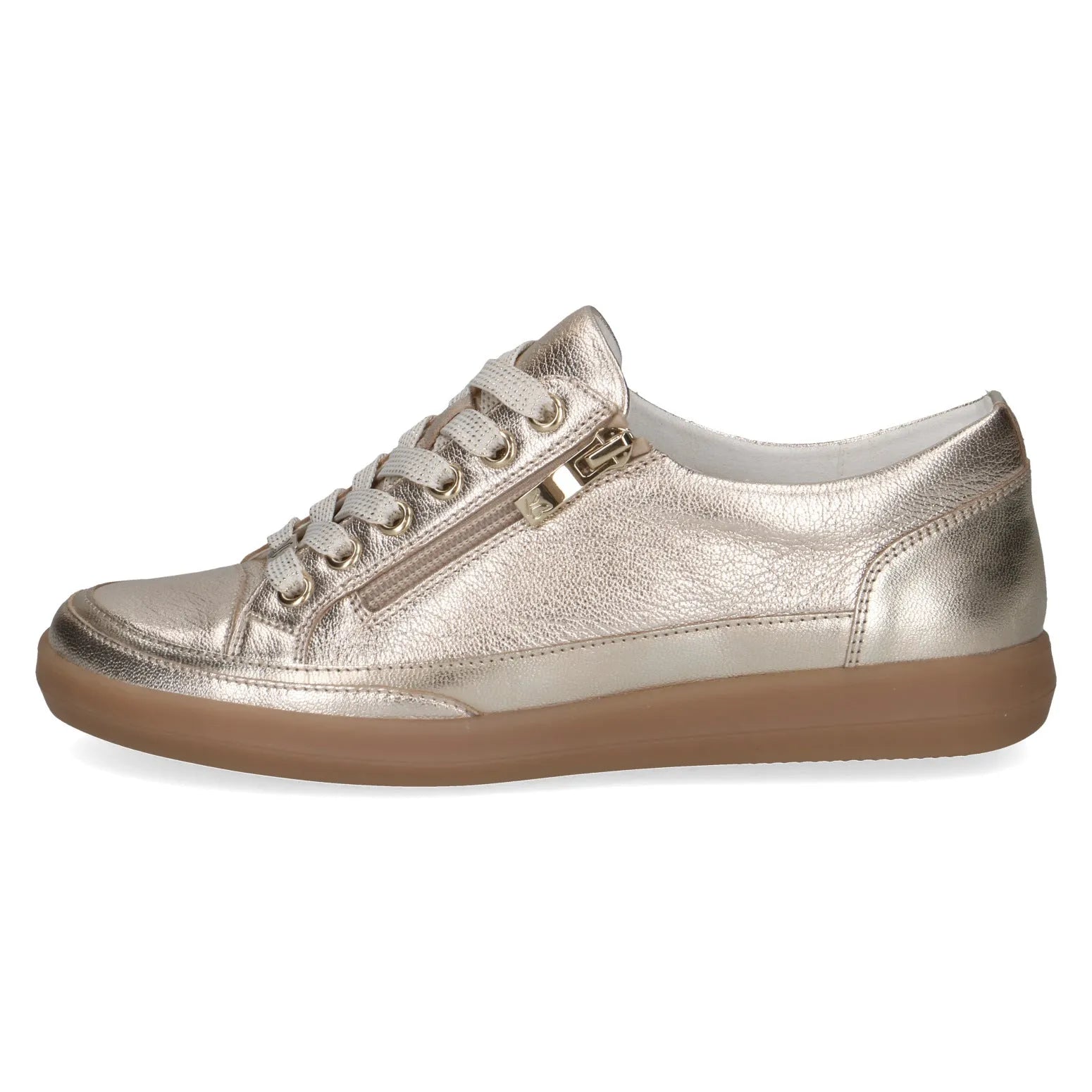 Ladies platinum leather sneakers with lace-up front and side zipper, comfortable rubber sole.