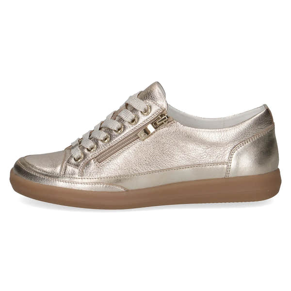 Ladies platinum leather sneakers with lace-up front and side zipper, comfortable rubber sole.