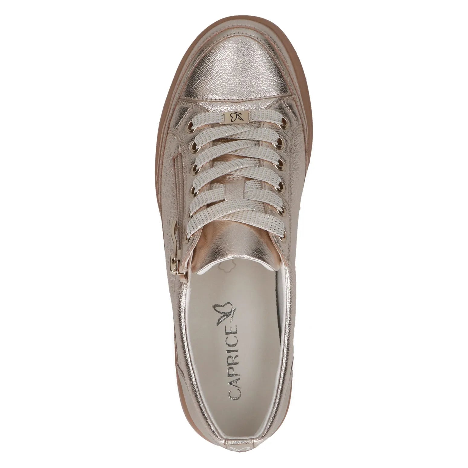 Ladies platinum leather Nike-style zip and lace sneakers with metallic finish and cushioned interior.