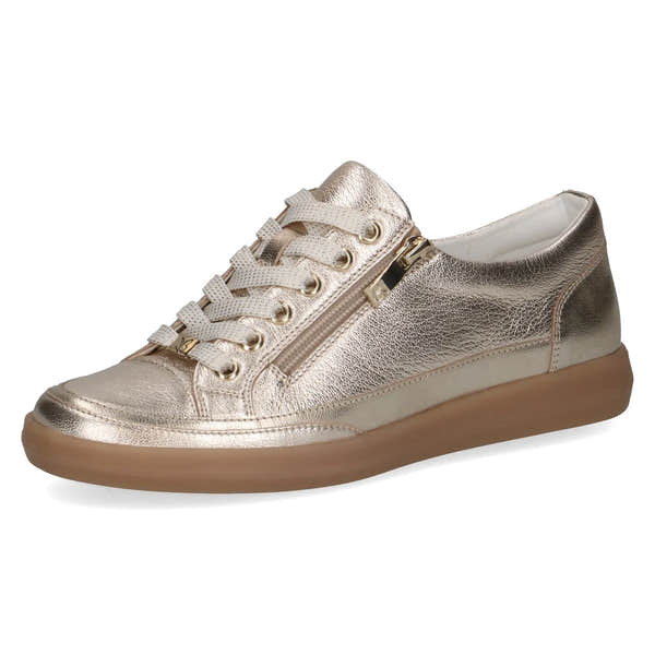 Ladies' platinum leather sneaker with lace-up front, side zipper, and gum sole.