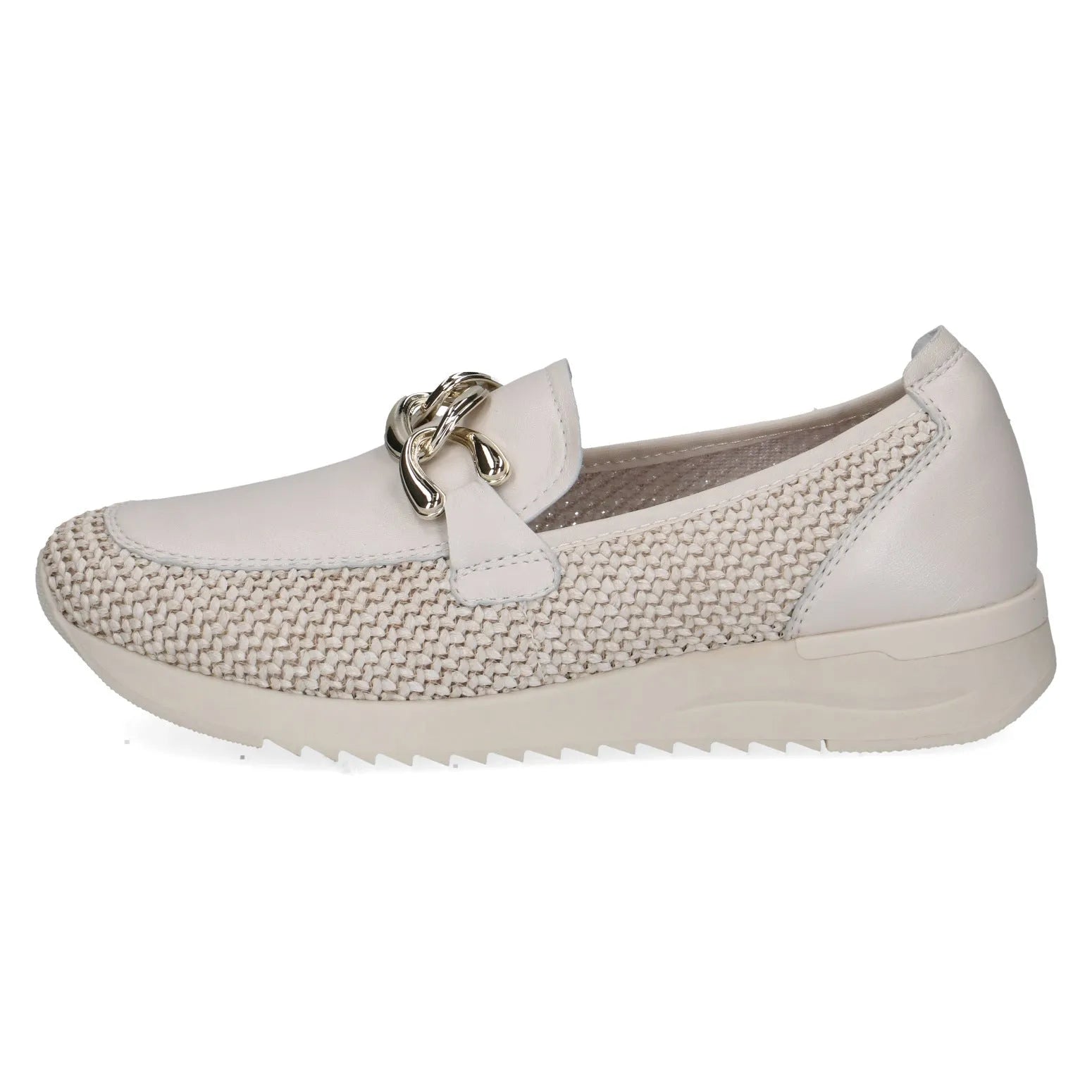 Off-white slip-on shoe with leather, textile upper, and metallic chain detail, featuring a casual, sporty style and woven accents.