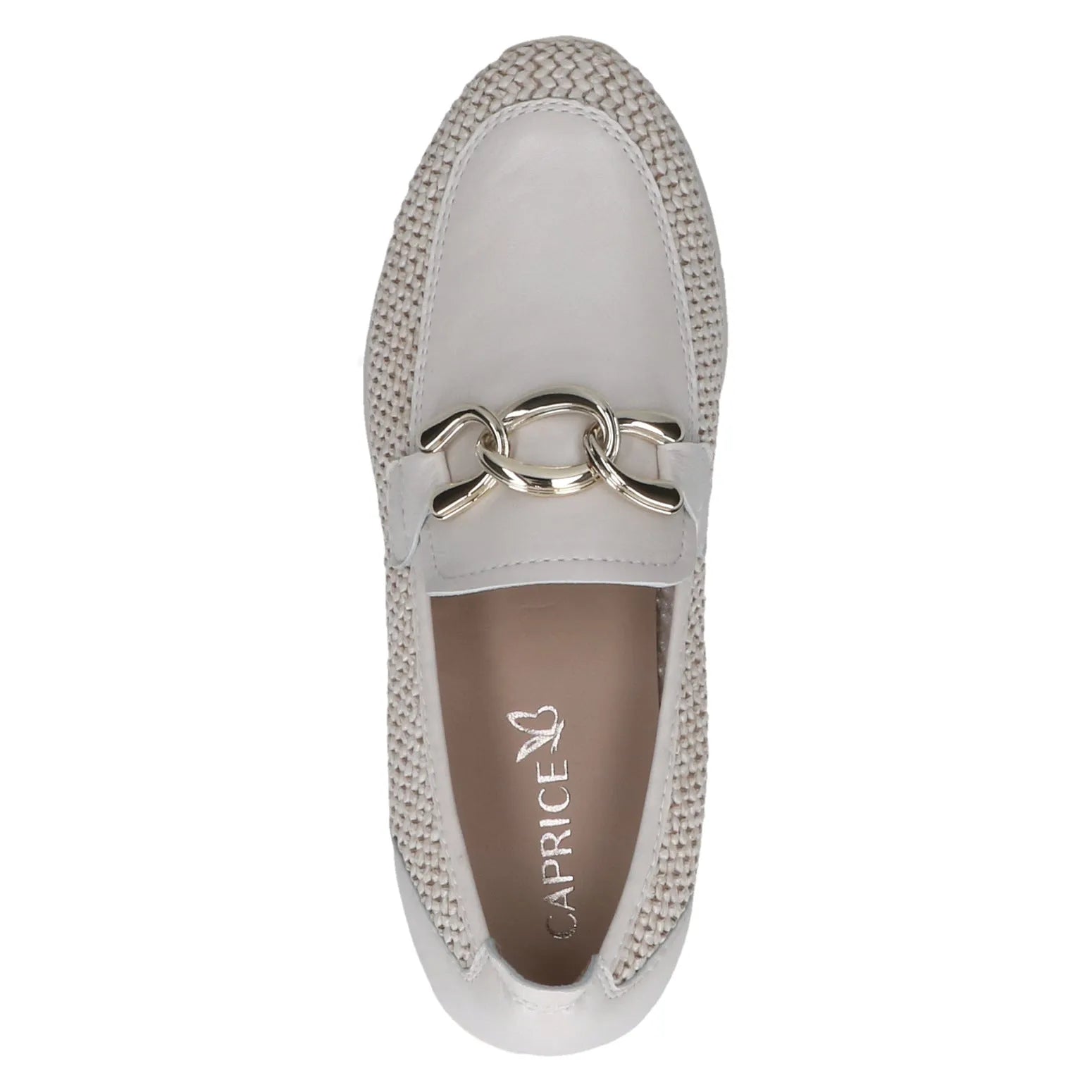 Ladies off-white slip-on shoes with leather and textile upper, featuring a chain detail and a flat sole.