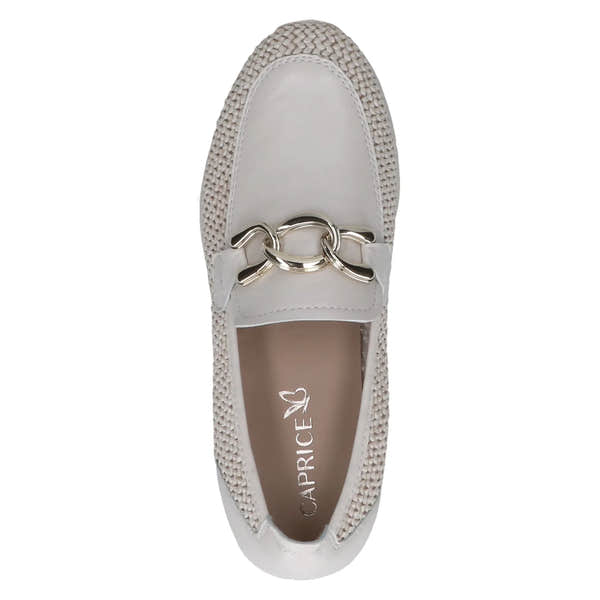 Ladies off-white slip-on shoes with leather and textile upper, featuring a chain detail and a flat sole.